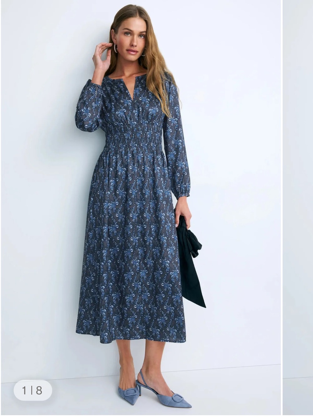 Hill House Floral Long Sleeve Smocked Waist Midi Dress